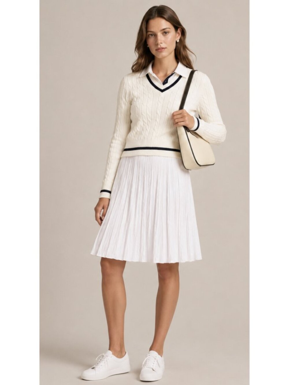 ST. JOHN Pleated Santana Knit Pull On Skirt in White Preppy Old Money Tennis